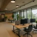 Duurzame en technologisch ondersteunde coworkingruimte met modulaire indeling, veel daglicht en ergonomisch meubilair.