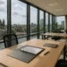 Moderne kantoorruimtes en coworkingcentra in Nederland met flexibele indelingen, duurzame elementen en zakelijke details die huurovereenkomsten en juridische overwegingen symboliseren.