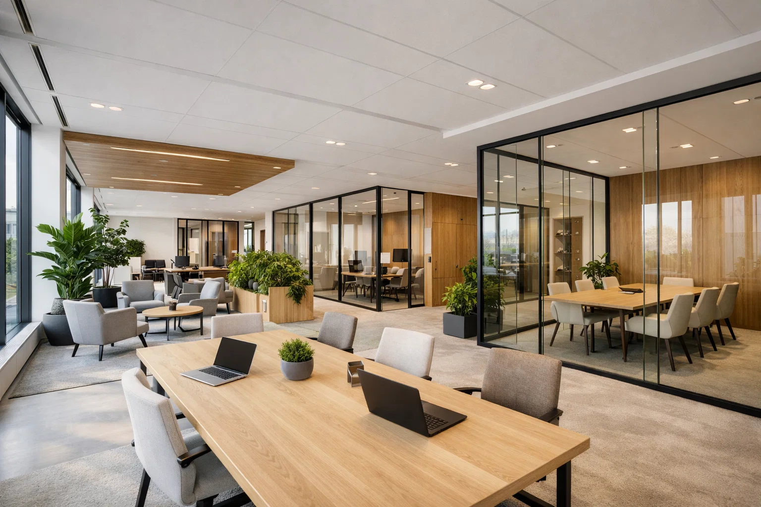 Fotorealistisch modern kantoorinterieur met vergaderruimtes, flexplekken en veel daglicht, ontworpen voor schaalbaarheid en flexibele huur.
