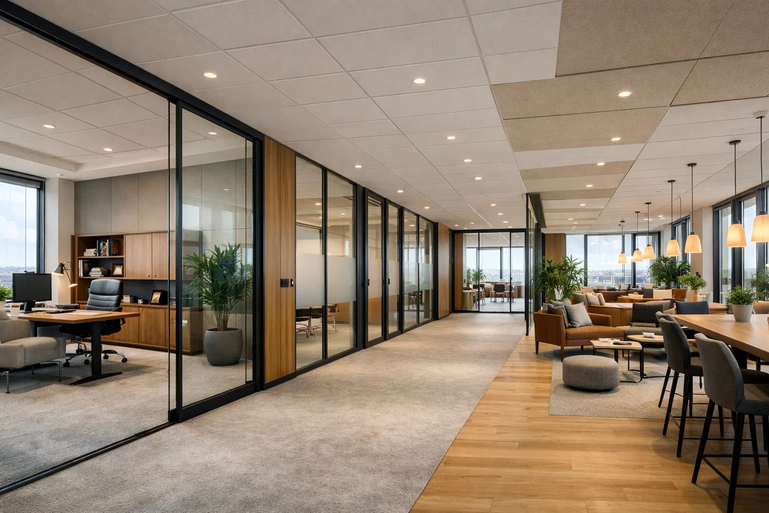 Modern Nederlands kantoorinterieur met traditionele kantoorzone, serviced werkplekken en coworking lounge, ontworpen voor flexibiliteit, comfort en samenwerking.